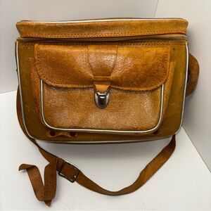 Vintage camera bag: monogrammed brown leather with original flash case